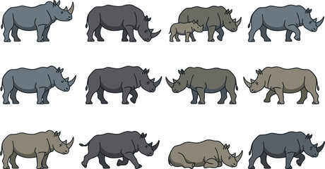 Rhinoceros Cartoon Character Vector Set Featuring Various African Rhinos in Poses Like Standing, Walking, Running, and Sleeping for Wildlife Conservation Graphic Designs © Nayem
