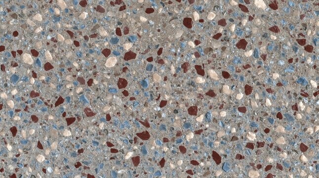 Top view of polished terrazzo surface with multicolored stone chips in cement binder