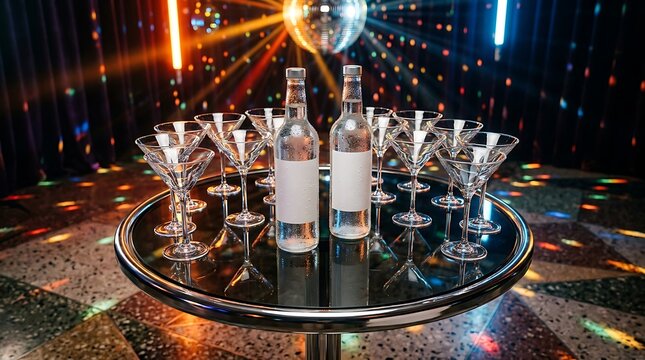 Bottles and glasses stand ready on a nightclub table under bright disco lights.