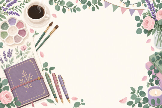 Illustrated botanical art workspace with generous copy space