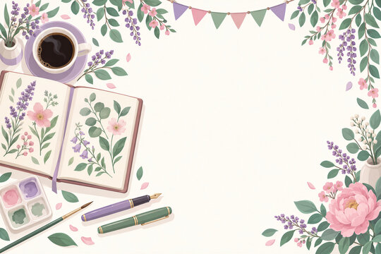 Botanical sketchbook and art supplies framed by flowers