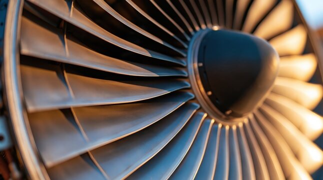 Close up of airplane jet engine fan blades with central hub at sunset