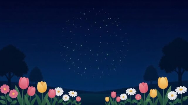 Nighttime landscape featuring a vibrant garden of blooming spring tulips and daisies under a dark blue sky with a glowing firework display radiating light over the peaceful floral meadow scenery