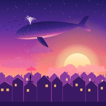 Surreal flying whale raining over rooftop town at sunset, dreamy vector illustration