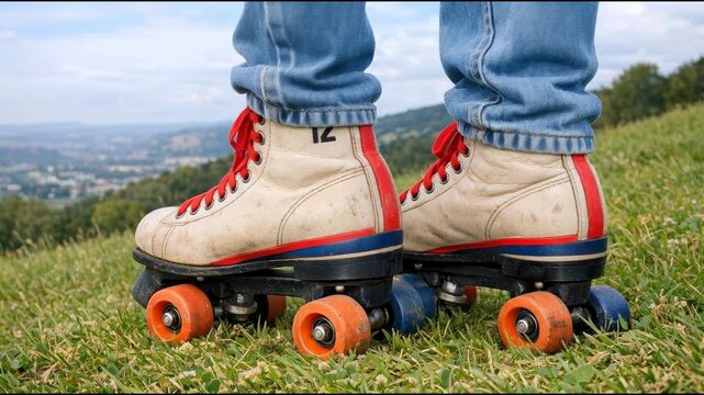 A close up view of a pair of roller skates, ideal for use in a sporting or fitness context