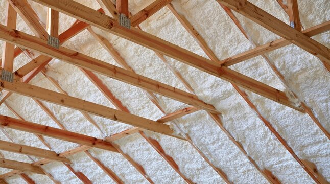 Low angle shot of white spray foam insulation between wooden roof trusses
