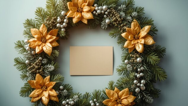 Christmas Wreath with Gold Poinsettia Flowers and Silver Berries Featuring Central Copy Space for Holiday Greeting