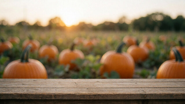 Empty weathered wooden plank with blurred pumpkin patch at sunset