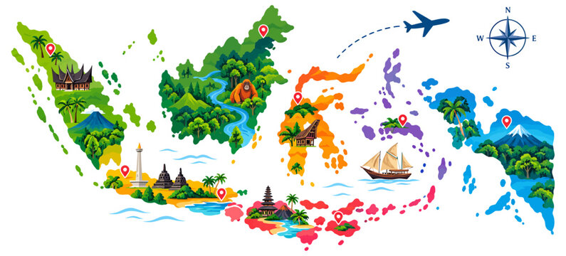 Colorful vector illustration map of Indonesia featuring landmarks, nature, wildlife, traditional architecture, compass rose, and airplanes isolated on transparent background