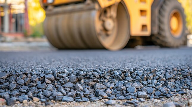 Fresh asphalt aggregate on road construction site with blurred steamroller
