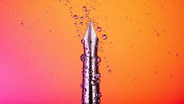 Elegant Silver Fountain Pen Nib with Glistening Water Droplets on a Vibrant Pink and Orange Gradient Background