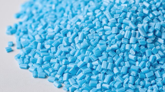 Close up light blue plastic granules for industrial injection molding and manufacturing