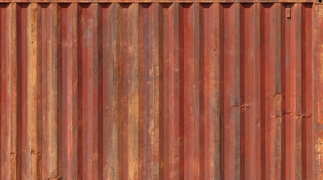 Rusty red corrugated metal wall with vertical ridges