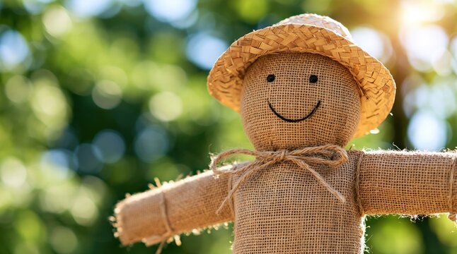 Small burlap scarecrow doll with smiling face and straw hat in sunny garden