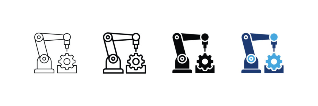 Assembly robot icon set. Robotic arm assembling or working on a gear. Editable stroke, outline, flat and two tone, vector illustration