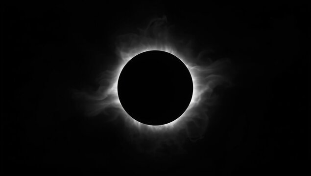 Total solar eclipse with glowing white corona against a deep black space background, astronomical phenomenon for science and space exploration themes