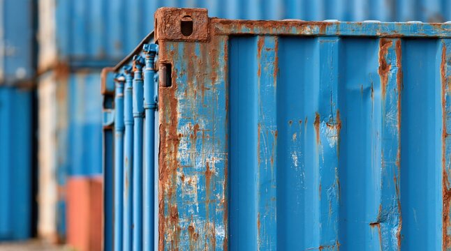 Close up of rusty blue shipping container with weathered texture in industrial port