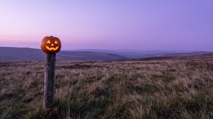 Obraz premium Single jack-o'-lantern on a weathered fence post on windy heath