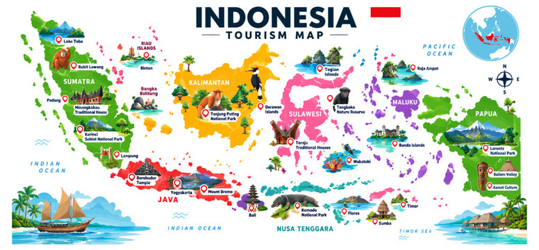 Detailed vector map of Indonesia highlighting major islands tourism destinations landmarks and native wildlife isolated on transparent background