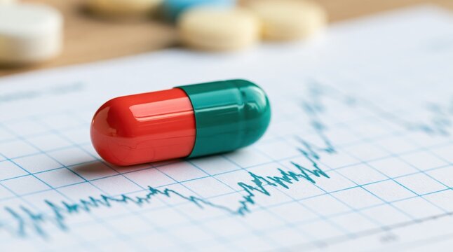 Red green medicinal capsule on paper chart showing financial trend