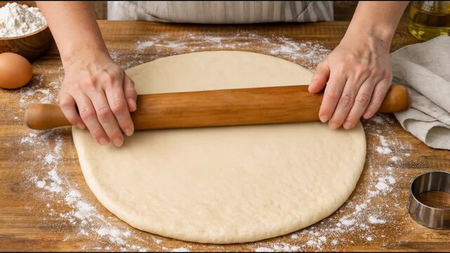 Person rolling out dough on a wooden table