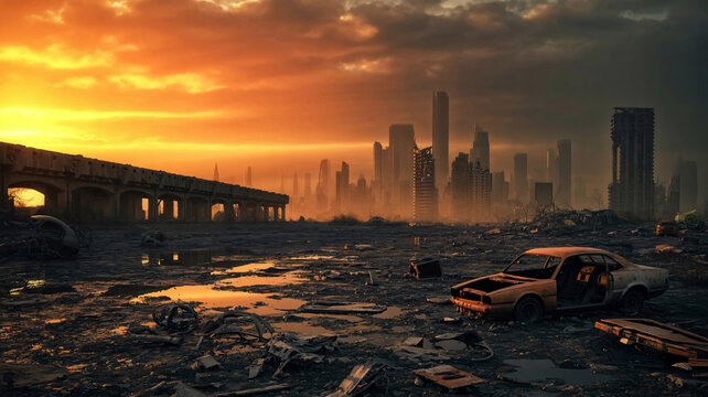 Post apocalyptic landscape of a ruined city with abandoned car wreckage under a dramatic sunset