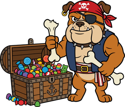 A muscular bulldog pirate with an eye patch holding bones next to a treasure chest filled with candy