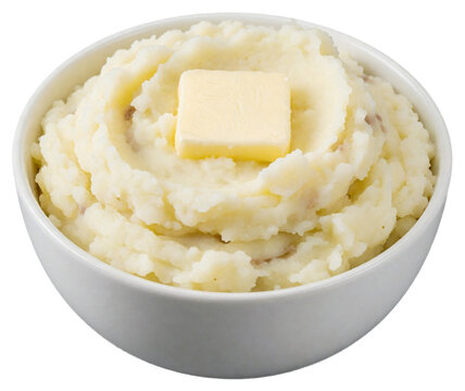 Bowl of mashed potatoes isolated on transparent background, high angle view