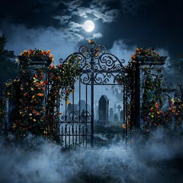 Ornate Cemetery Gate with Ivy and Autumn Leaves in Moonlit Fog