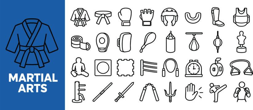 Martial arts outline icon set. Featuring uniform, belt, glove, punching bag, and training mat symbols. Vector icons for combat training guides and martial arts equipment.