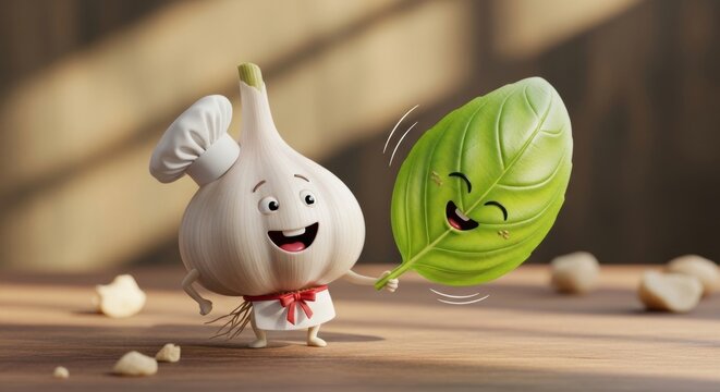 Cartoon garlic bulb and leaf playing on wooden table