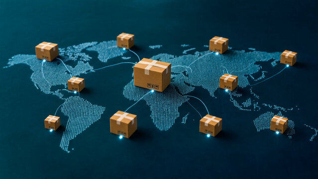 Cardboard boxes on a digital world map for global logistics