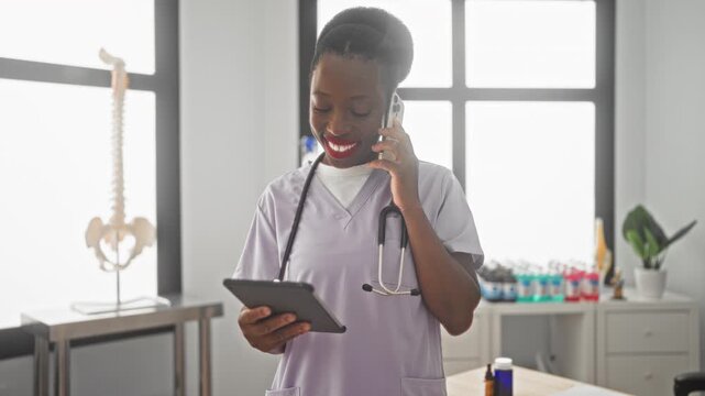 Woman doctor in scrubs, phone to ear while holding tablet with stethoscope and visible spine model on counter in building; compassion care.