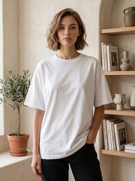 Woman wearing a white cotton t-shirt and black trousers standing in a bright minimalist room with wooden shelves and books.