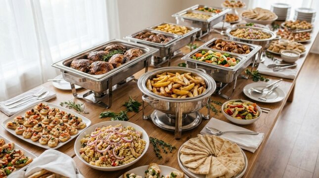 Catering buffet setup with warm food dishes arranged on a long table
