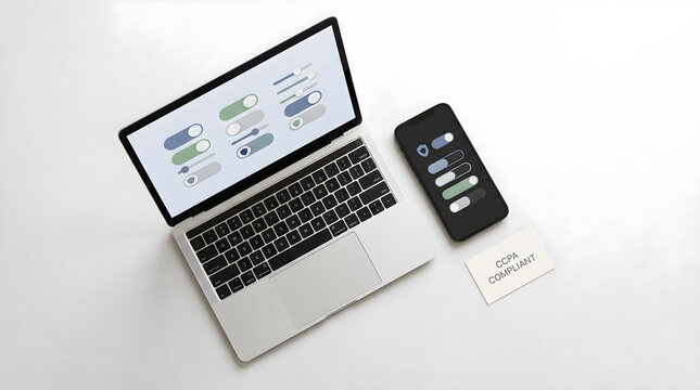 Modern laptop and smartphone setup showing cookie consent and privacy settings labeled as ccpa compliant concept
