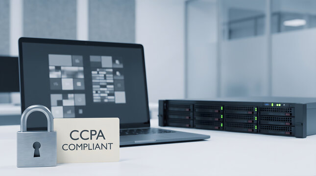 CCPA compliant data privacy concept with laptop and server rack showing digital regulation and security