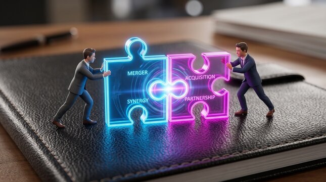Business Avatars Connecting Neon Puzzle Pieces on Leather