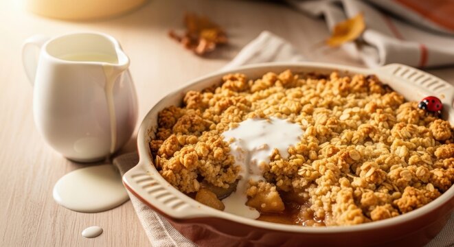 Homestyle apple crumble with whipped cream and milk pitcher