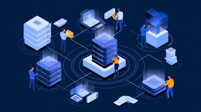 Distributed systems as file storage in different network tiny person concept. Multiple computer nodes and managing application for information integration vector illustration. Web server network.