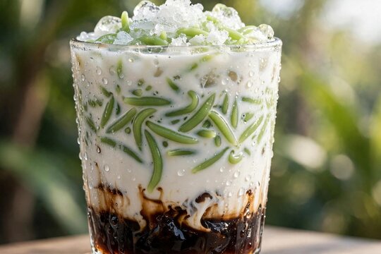 Indonesian es cendol iced dessert with green jelly, coconut milk and palm sugar layers