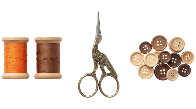 Sewing supplies set containing thread spools, embroidery scissors and wooden buttons isolated on transparent background