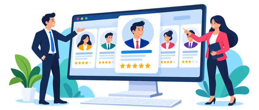 A man and woman gesture toward candidate profiles and star ratings on a large monitor in a blue and red flat illustration depicting recruitment, hiring, human resources and comparative assessment