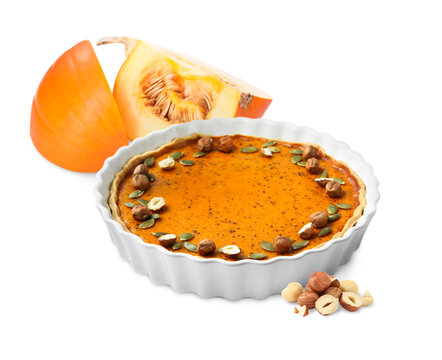 Delicious pumpkin pie and pieces of fresh gourd against transparent background