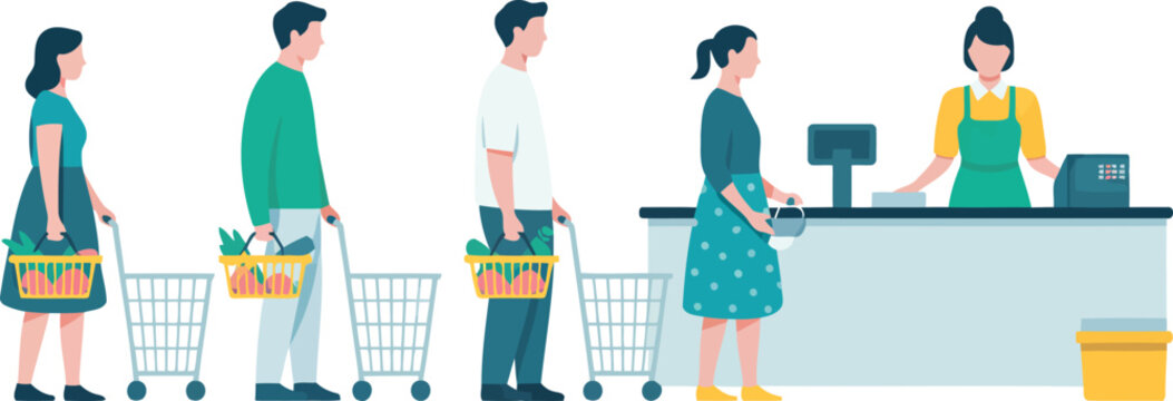 Shoppers waiting in a supermarket checkout line vector illustration.