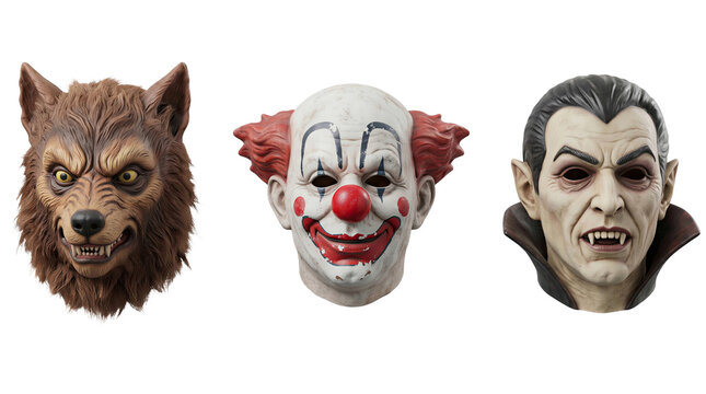 Halloween mask set containing werewolf, clown and vampire masks isolated on transparent background