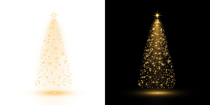 Christmas tree, sparkling lights in the shape of a fir tree on a transparent background. New Year tree made of glowing lights, gold, white, blue, green, vector, png.