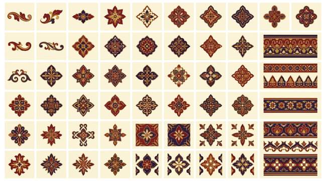 Indonesian Traditional Ornamental Motifs and Decorative Floral Pattern Vector Collection on transparent background