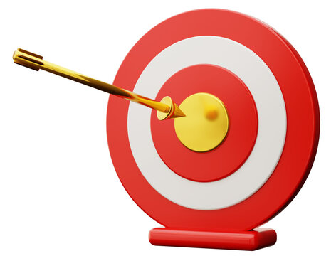 A target with a red and white design stands alone on a clear background. A golden arrow is embedded in the center of the target, showing it has