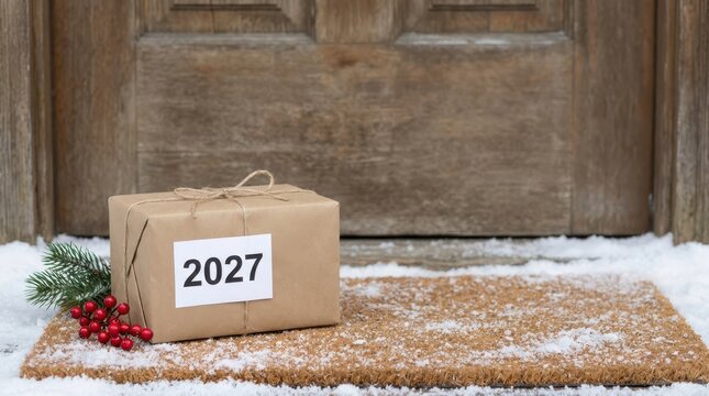 Wrapped gift box with label 2027, pine branch, and red berries on snowy doormat in front of wooden front door